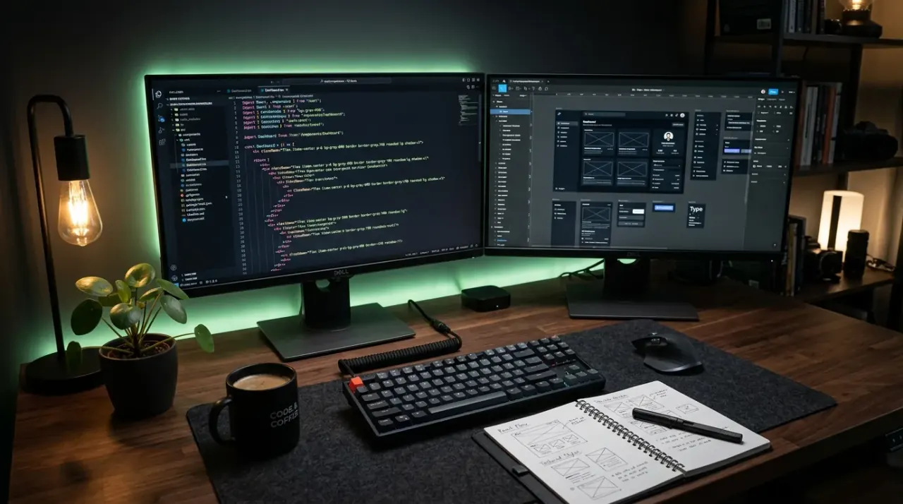 Workspace programisty z kodem React i projektem interfejsu
