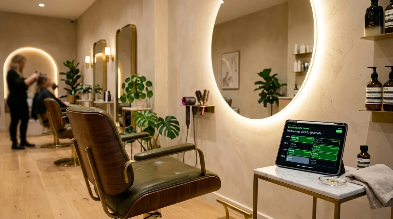 Nowoczesny salon beauty z tabletem pokazującym system rezerwacji online